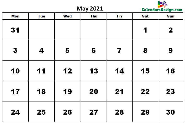 Monthly May 2021 calendar free