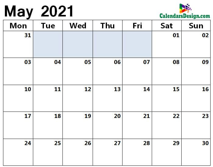 monthly May 2021 blank calendar