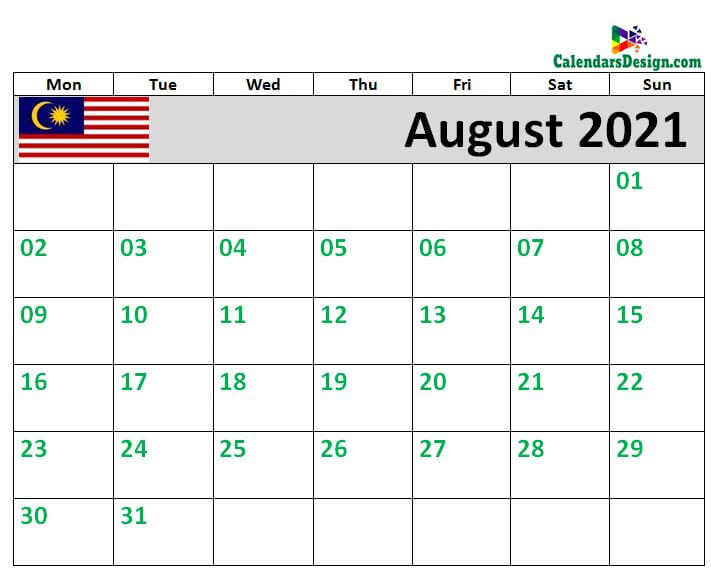 2021 August Calendar Malaysia