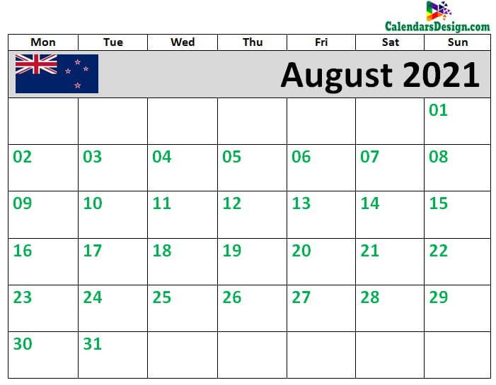 2021 August Calendar NZ