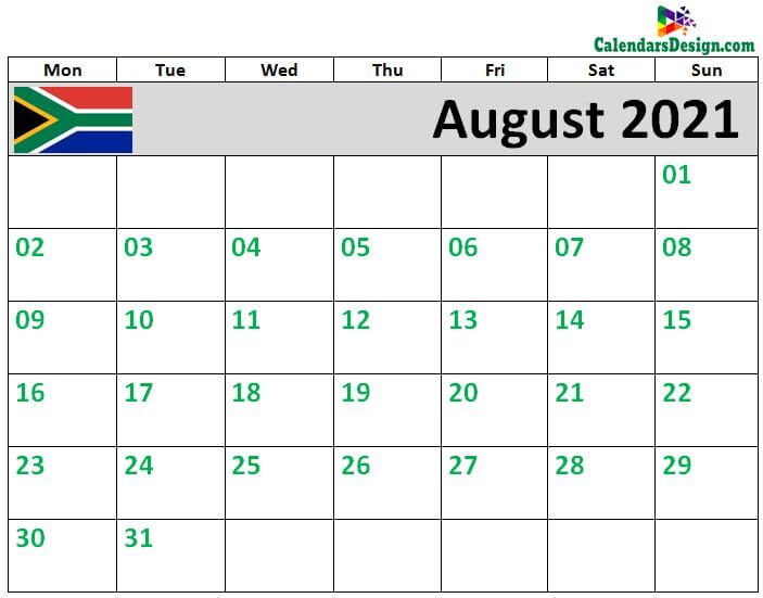 2021 August Calendar South Africa