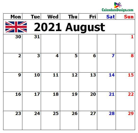 2021 August Calendar UK