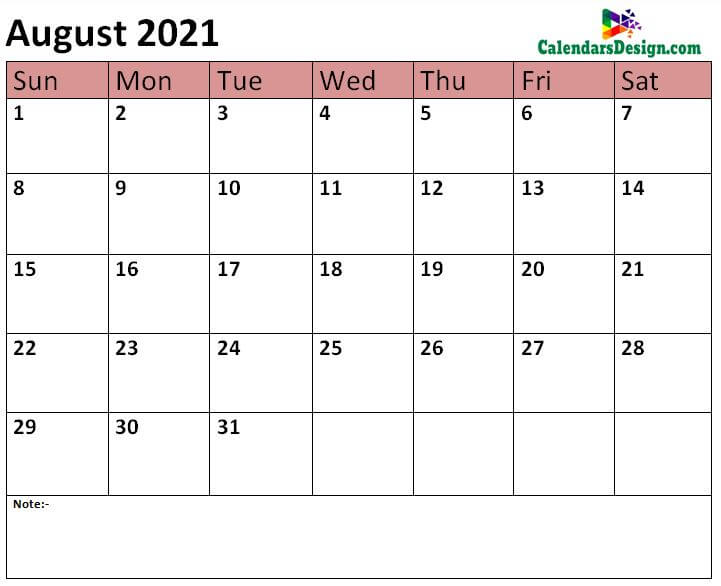 2021 August calendar template