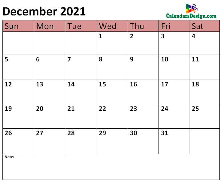 2021 December calendar template