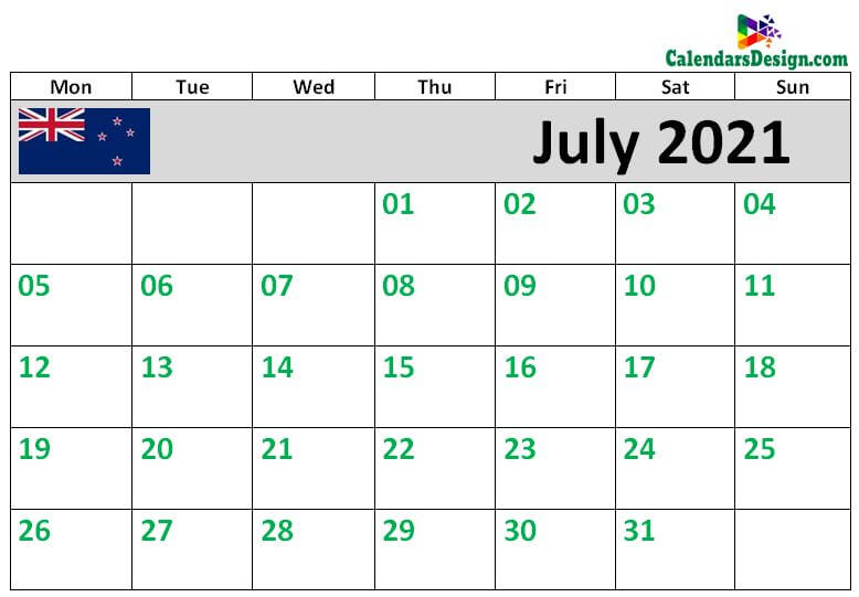2021 July Calendar NZ