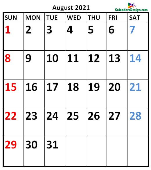 August 2021 Calendar A4 Size
