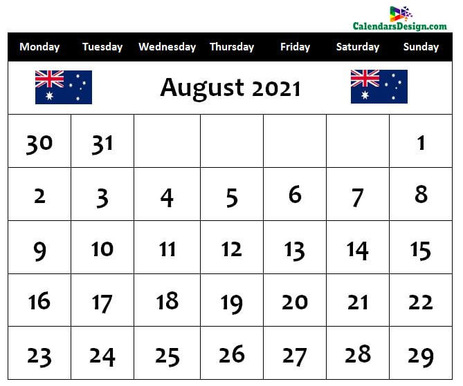 August 2021 Calendar Australia With Holidays