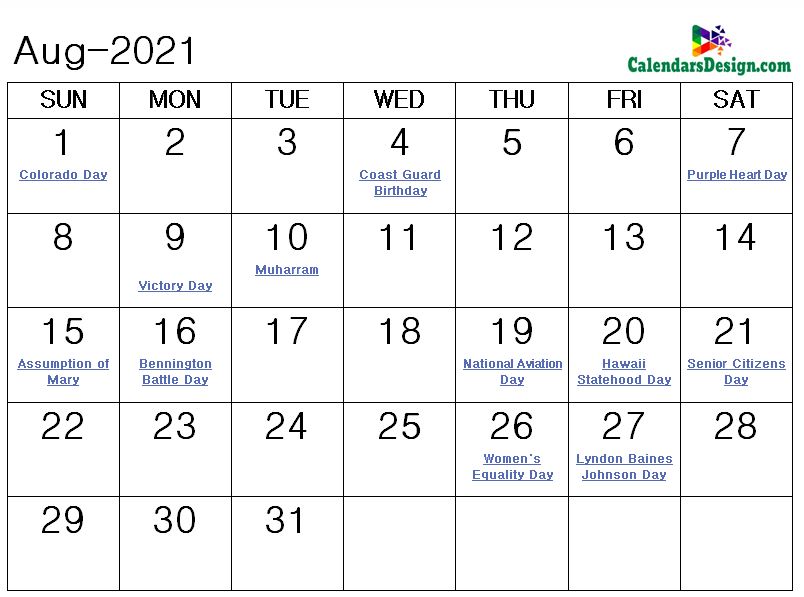 August 2021 Calendar Canada With Holidays