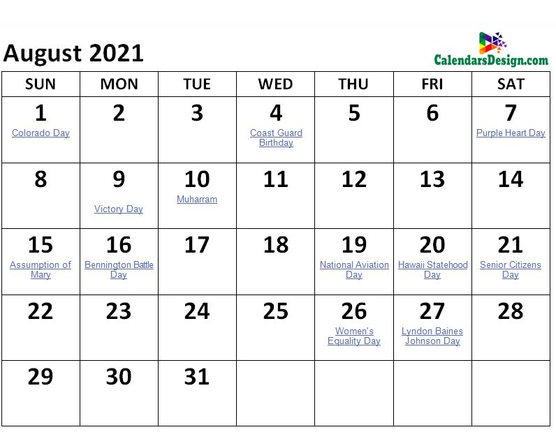 August 2021 Calendar Holidays