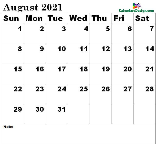 August 2021 Calendar Landscape
