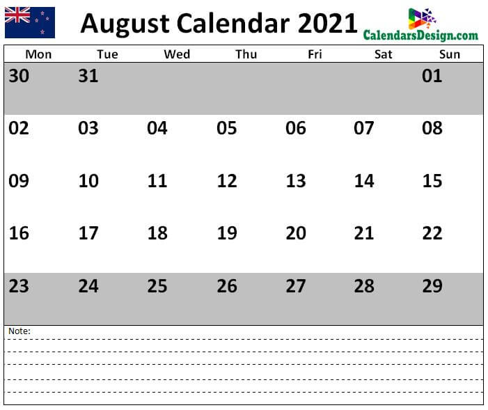 August 2021 Calendar NZ with Notes