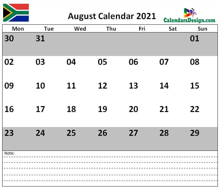 August 2021 Calendar South Africa with Notes