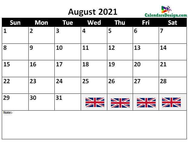 August 2021 Calendar UK With Holidays
