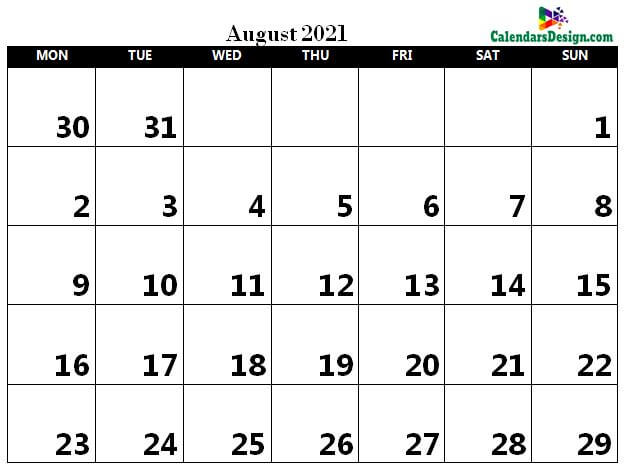 August 2021 Calendar Word