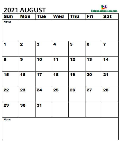 August 2021 Calendar notes