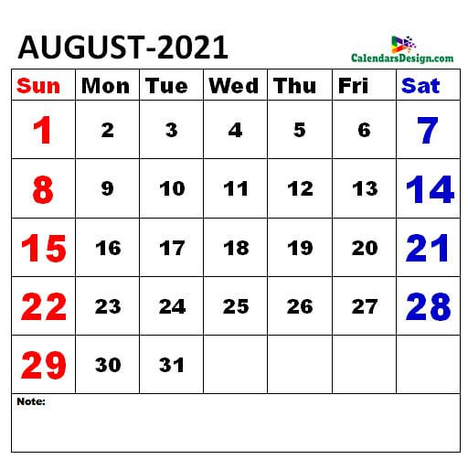 August 2021 Calendar xls