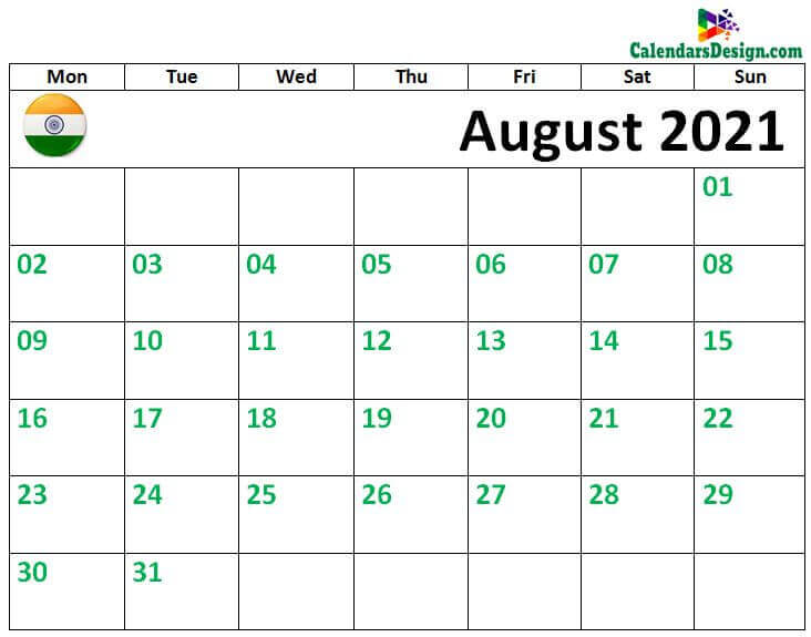 August 2021 Indian Calendar with Holidays