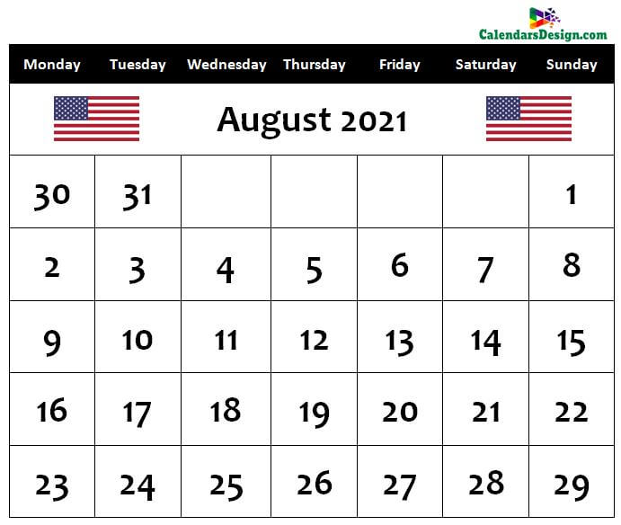 August 2021 US calendar
