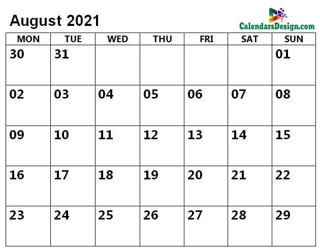 August 2021 calendar with large space