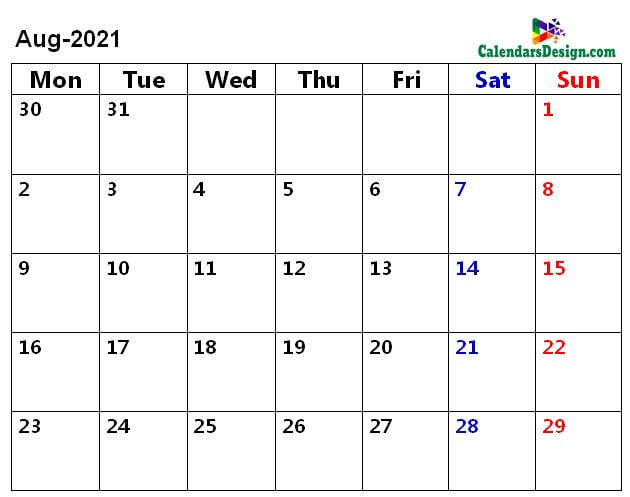 August 2021 page calendar