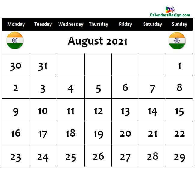 August Calendar 2021 India With Holidays