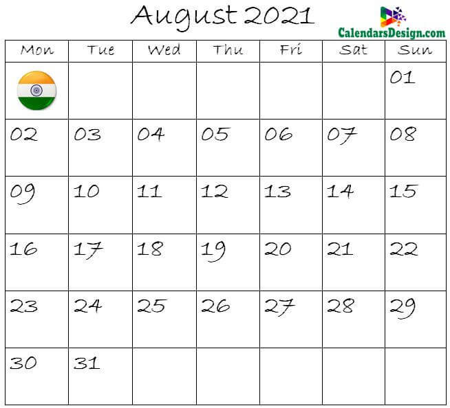 August Calendar 2021 India with Festivals