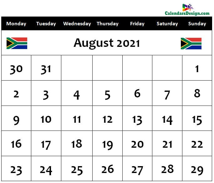 August Calendar 2021 South Africa with Holidays