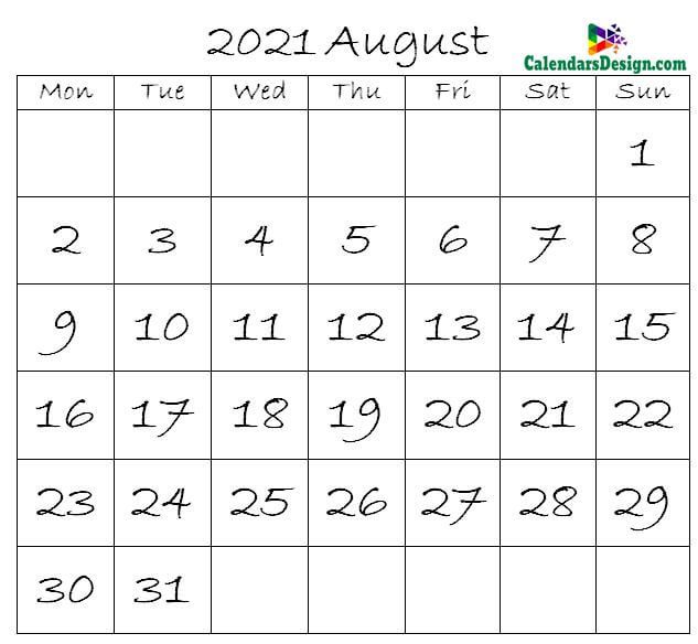August Calendar 2021 in Excel Format
