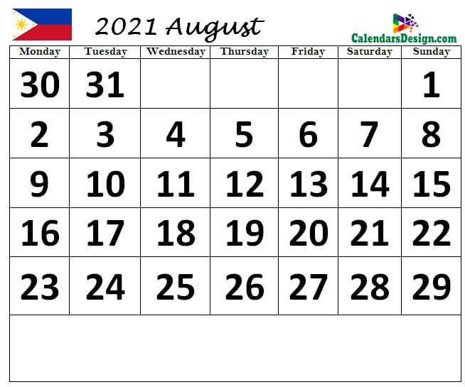 August Philippines Calendar 2021