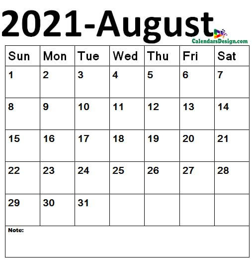 August calendar 2021 sizes