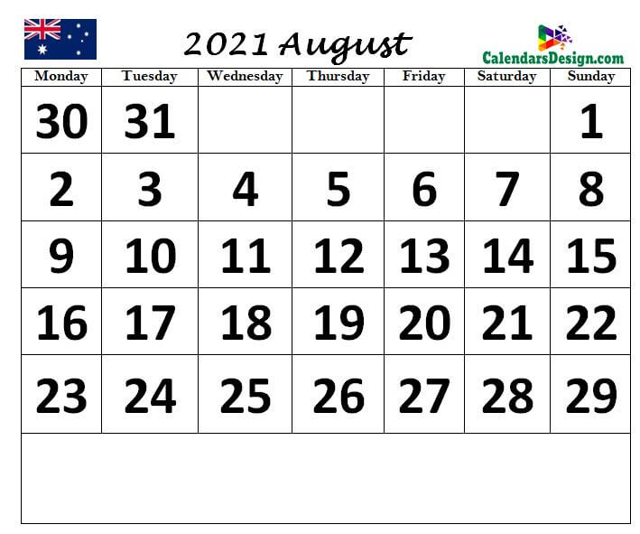 Australia Aug 2021 calendar