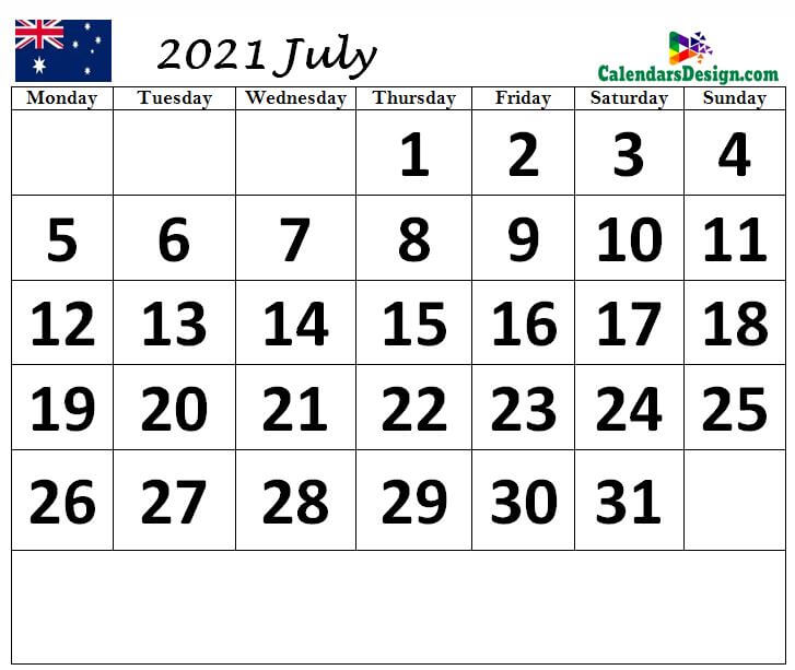 Australia July 2021 calendar