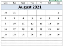 Calendar for August 2021
