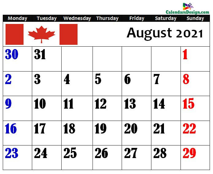 Calendar for August 2021 Canada