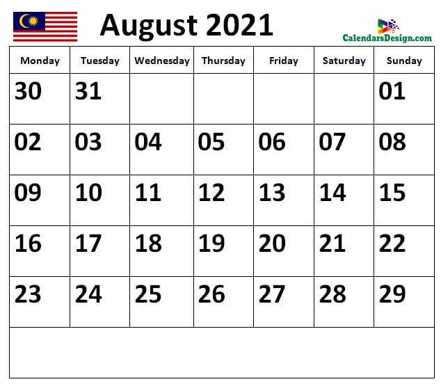 Calendar for August 2021 Malaysia