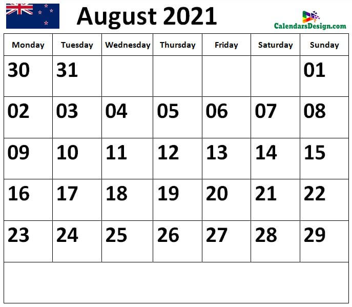 Calendar for August 2021 NZ