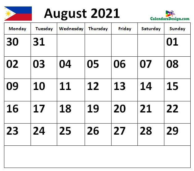 Calendar for August 2021 Philippines