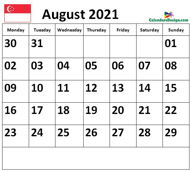 Calendar for August 2021 Singapore