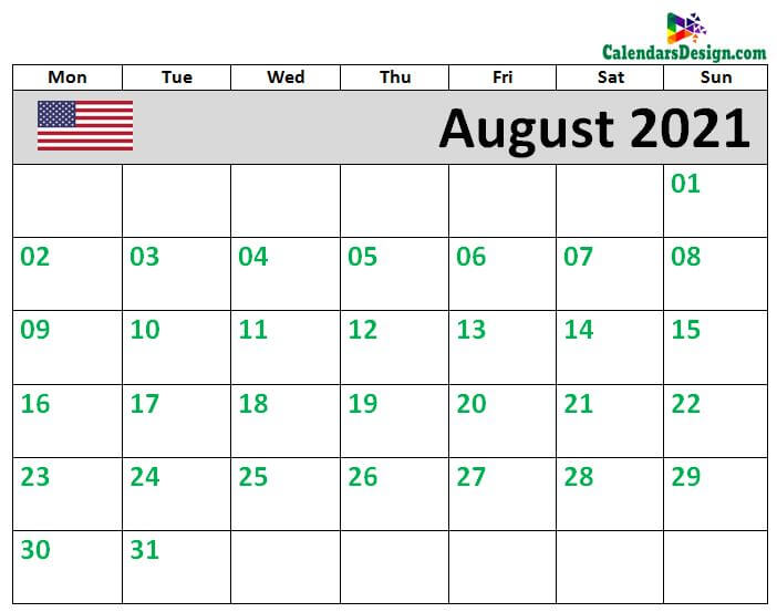 Calendar for August 2021 US