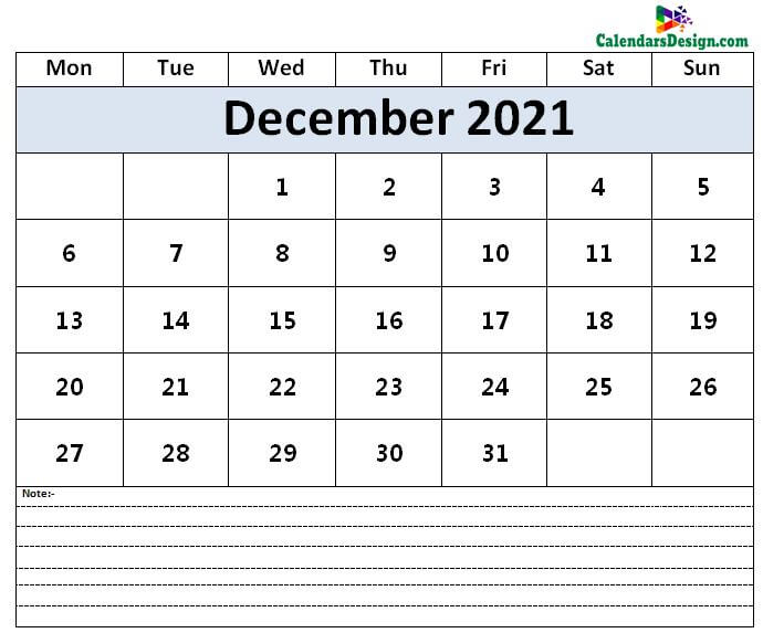 Calendar for December 2021