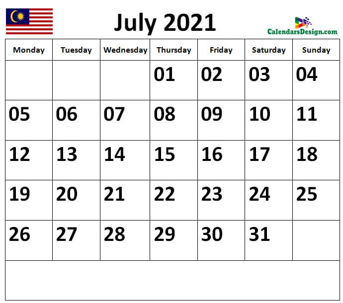 Calendar for July 2021 Malaysia