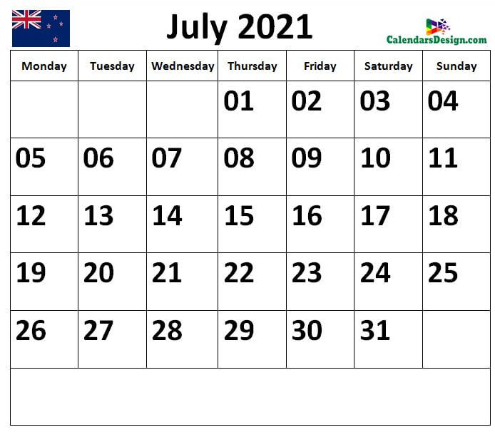 Calendar for July 2021 NZ