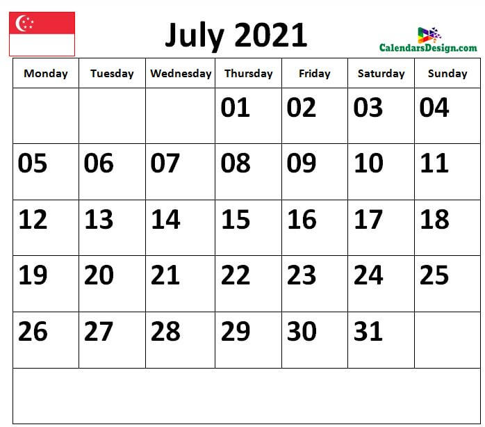 Calendar for July 2021 Singapore