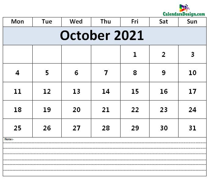 Calendar for October 2021