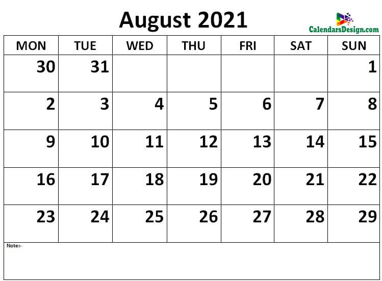 Calendar of August 2021