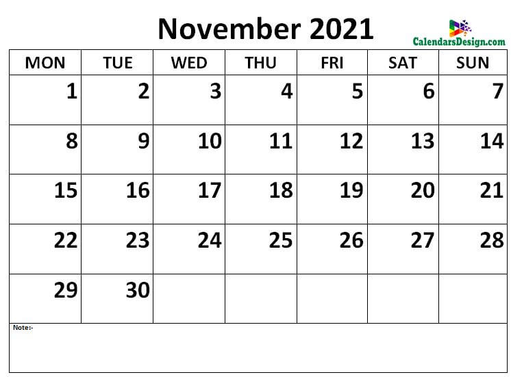 Calendar of November 2021