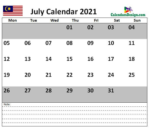 July 2021 Calendar Malaysia with Notes