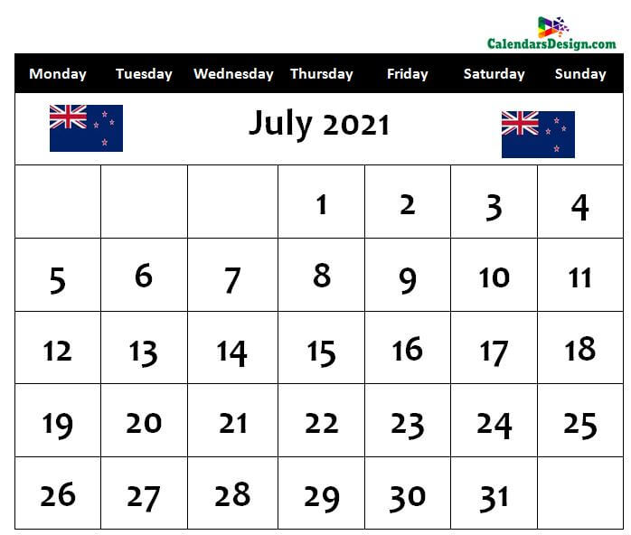 July 2021 Calendar NZ With Holidays