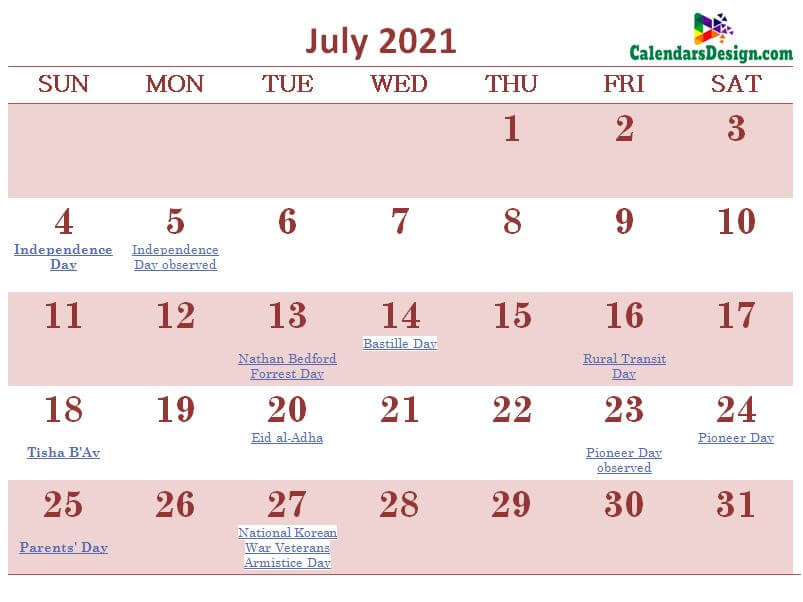 July 2021 Calendar USA With Holidays