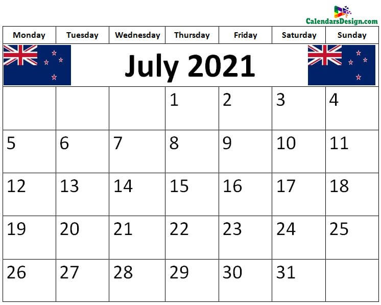 July 2021 NZ calendar